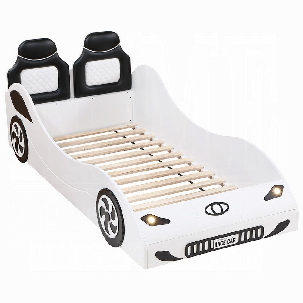 Corey Twin Size White Car Bed, Wheel Trim, Built-In LED, White Wood - BM333979