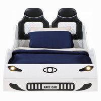 Corey Twin Size White Car Bed, Wheel Trim, Built-In LED, White Wood - BM333979