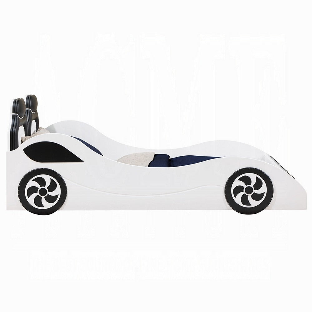 Corey Twin Size White Car Bed, Wheel Trim, Built-In LED, White Wood - BM333979