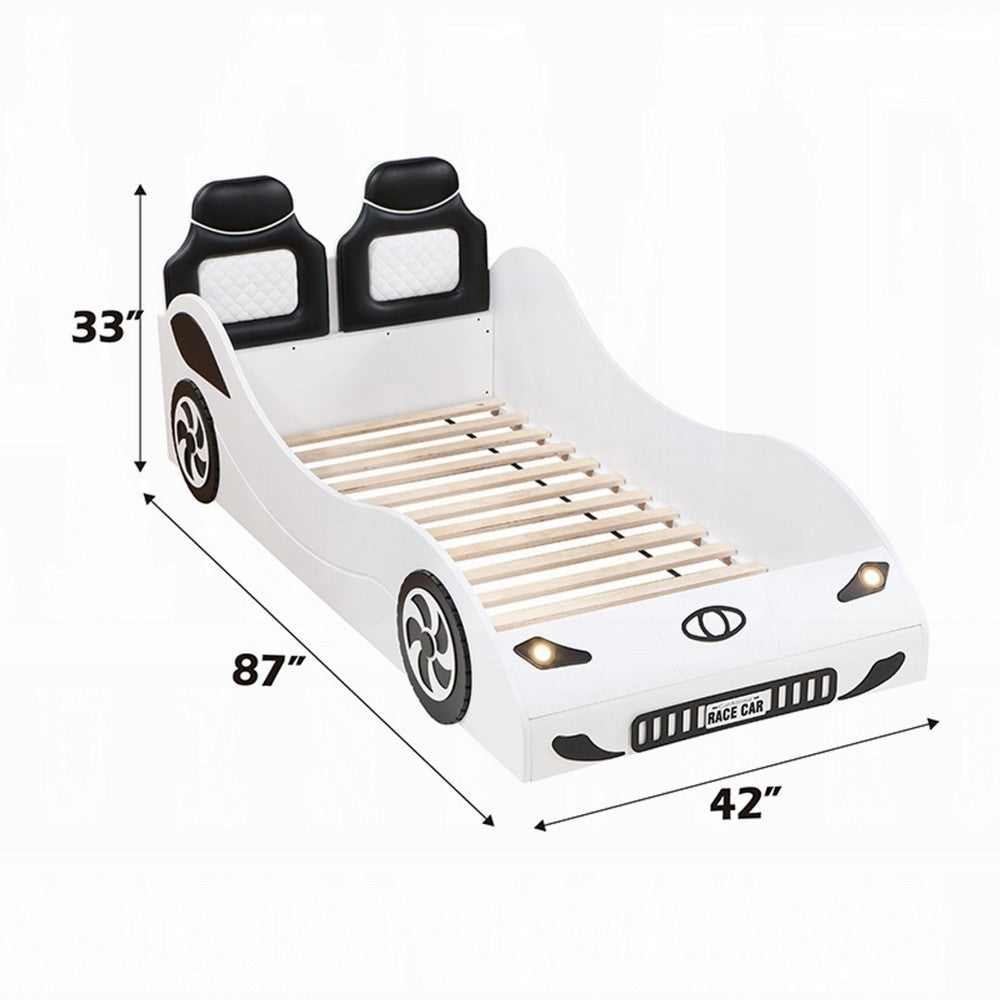 Corey Twin Size White Car Bed, Wheel Trim, Built-In LED, White Wood - BM333979