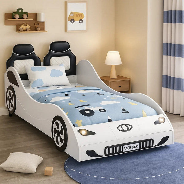 Corey Twin Size White Car Bed, Wheel Trim, Built-In LED, White Wood - BM333979