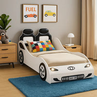 Corey Twin Size White Car Bed, Wheel Trim, Built-In LED, White Wood - BM333979