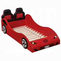 Corey Twin Size Red Car Bed, Wheel Trim, Built-In LED, Red Wood - BM333980