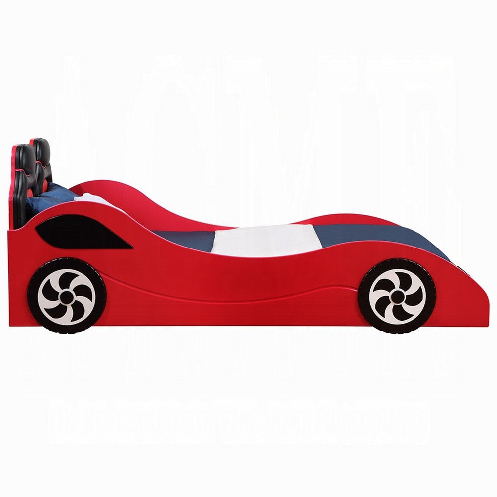 Corey Twin Size Red Car Bed, Wheel Trim, Built-In LED, Red Wood - BM333980