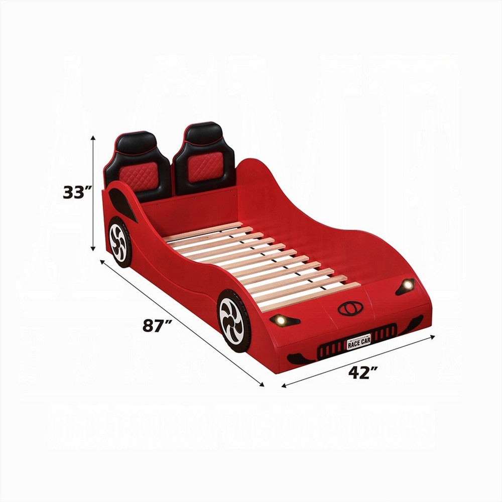 Corey Twin Size Red Car Bed, Wheel Trim, Built-In LED, Red Wood - BM333980