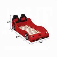 Corey Twin Size Red Car Bed, Wheel Trim, Built-In LED, Red Wood - BM333980