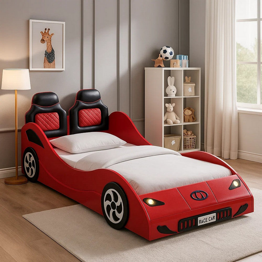 Corey Twin Size Red Car Bed, Wheel Trim, Built-In LED, Red Wood - BM333980