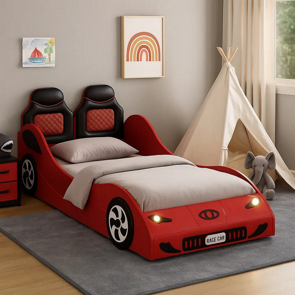 Corey Twin Size Red Car Bed, Wheel Trim, Built-In LED, Red Wood - BM333980