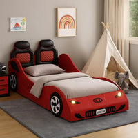 Corey Twin Size Red Car Bed, Wheel Trim, Built-In LED, Red Wood - BM333980