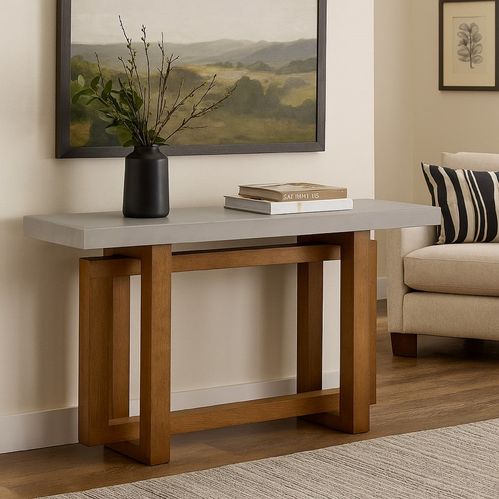 Joshua Sofa Table with Cross Base, Faux Concrete, Brown Wood 47 Inch - BM333986