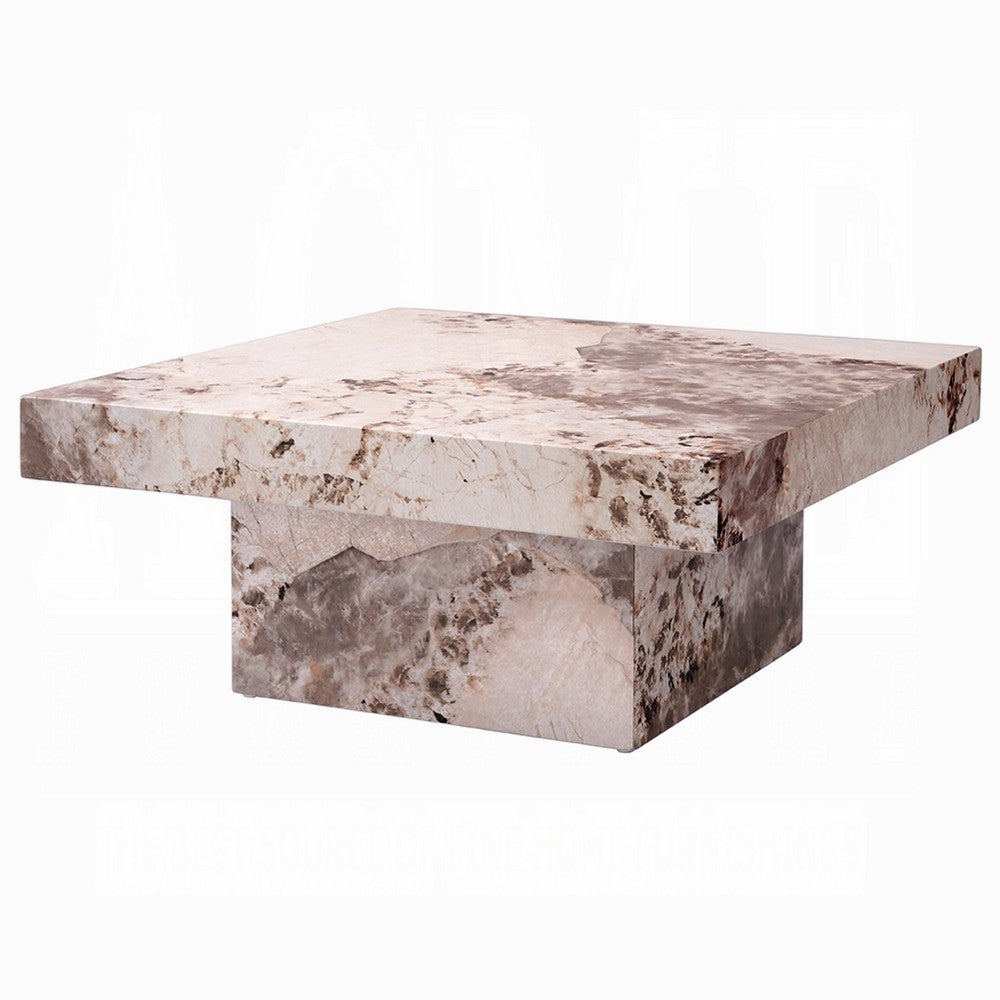 Itah Coffee Table, Faux Marble Details, White Brown 36 Inch Square - BM334006