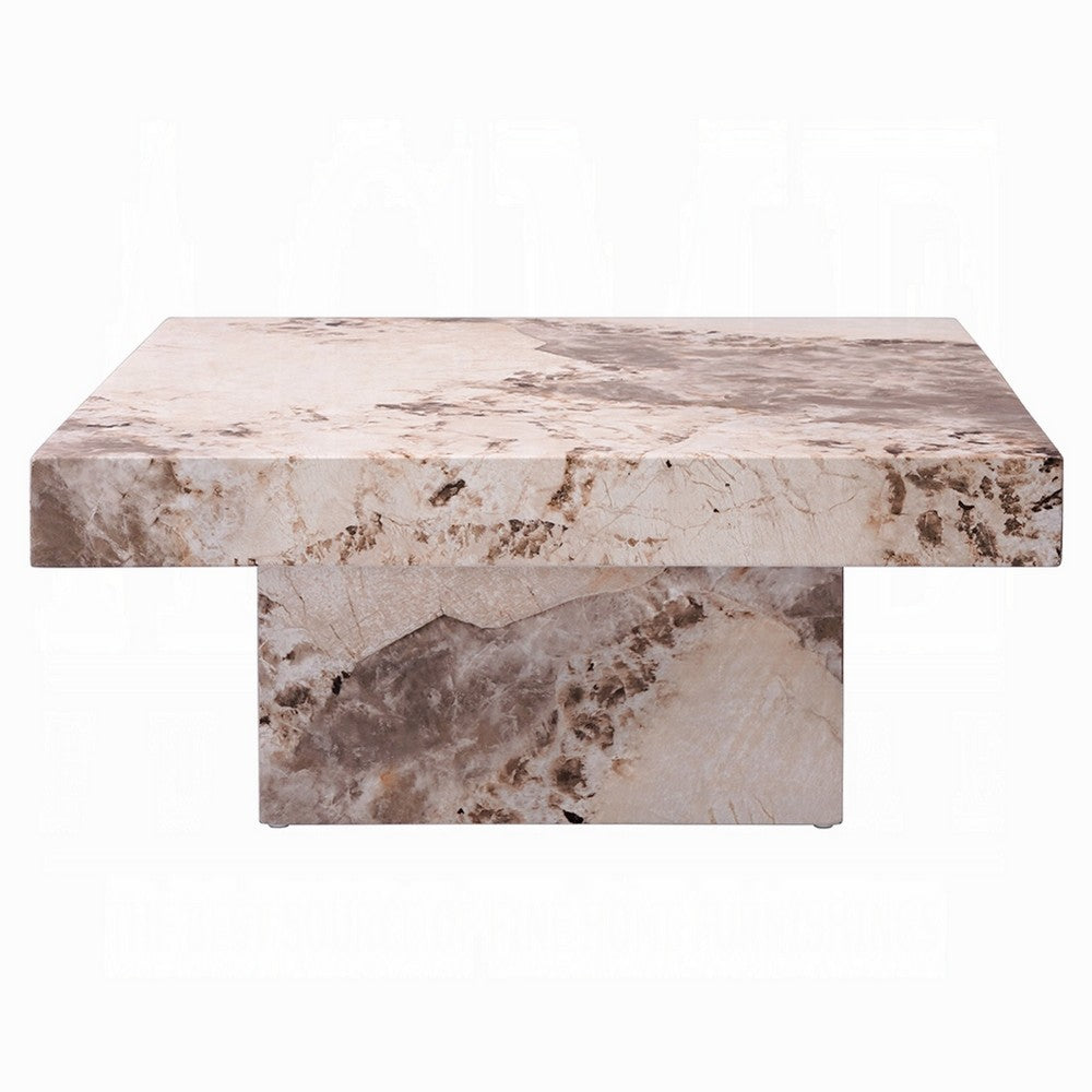 Itah Coffee Table, Faux Marble Details, White Brown 36 Inch Square - BM334006