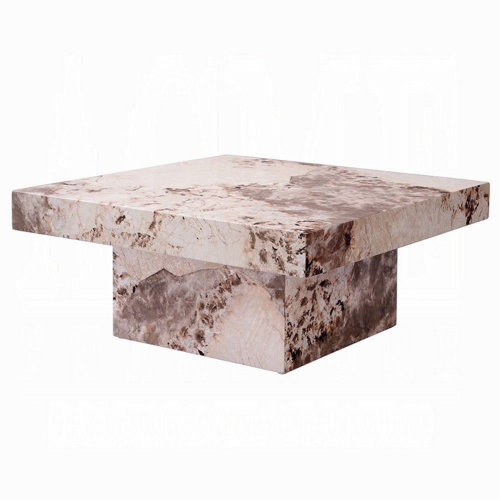 Itah Coffee Table, Faux Marble Details, White Brown 36 Inch Square - BM334006