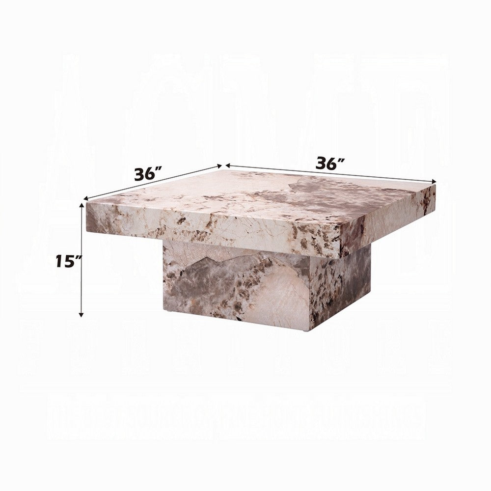 Itah Coffee Table, Faux Marble Details, White Brown 36 Inch Square - BM334006