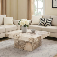 Itah Coffee Table, Faux Marble Details, White Brown 36 Inch Square - BM334006
