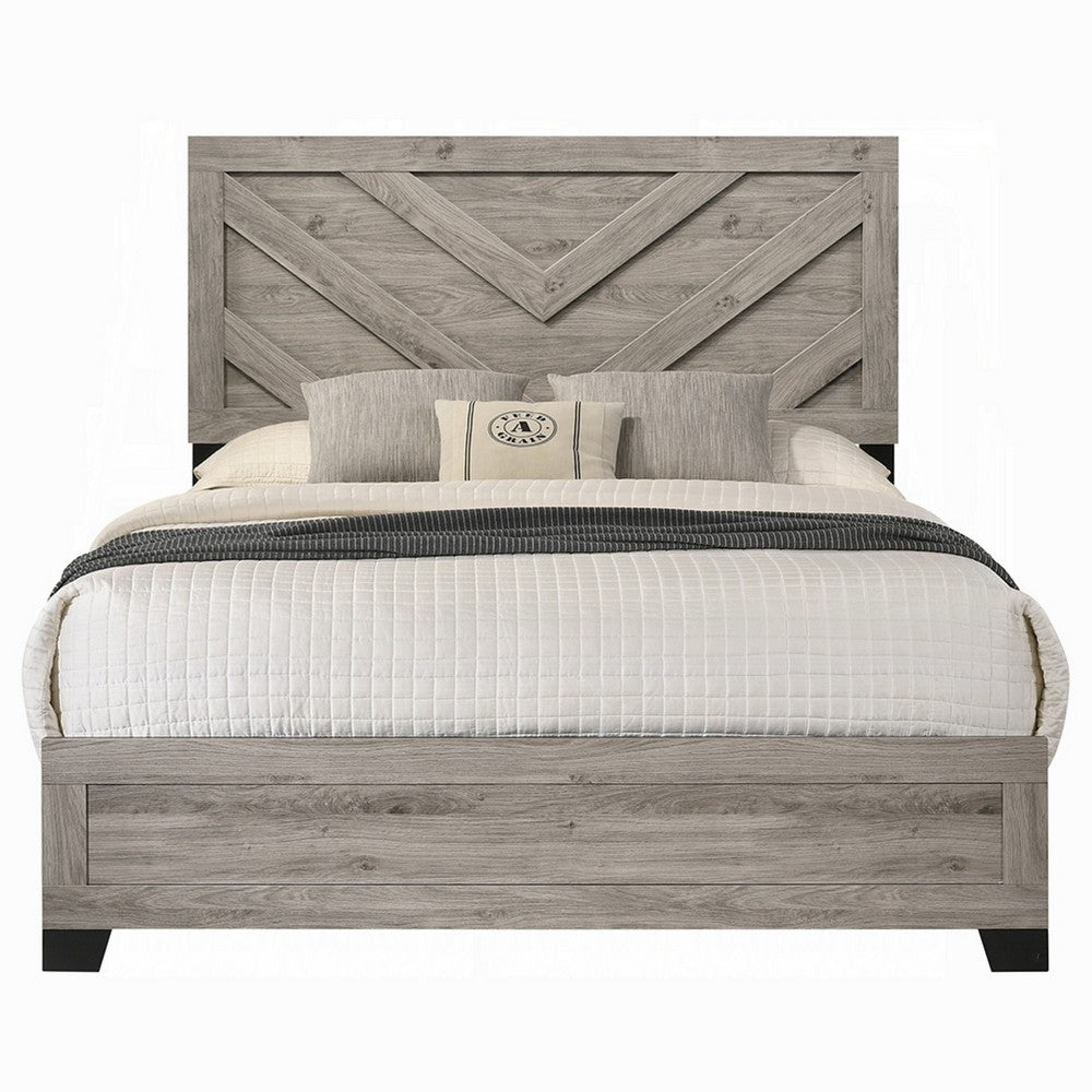 Rachy Queen Bed, Farmhouse Chevron Headboard, Light Gray Black Wood - BM334009