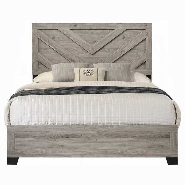 Rachy Queen Bed, Farmhouse Chevron Headboard, Light Gray Black Wood - BM334009