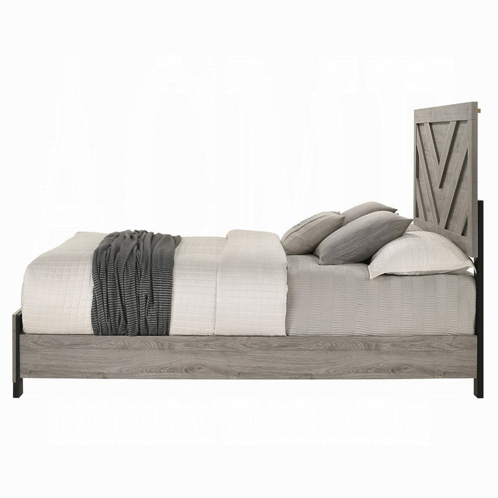 Rachy Queen Bed, Farmhouse Chevron Headboard, Light Gray Black Wood - BM334009
