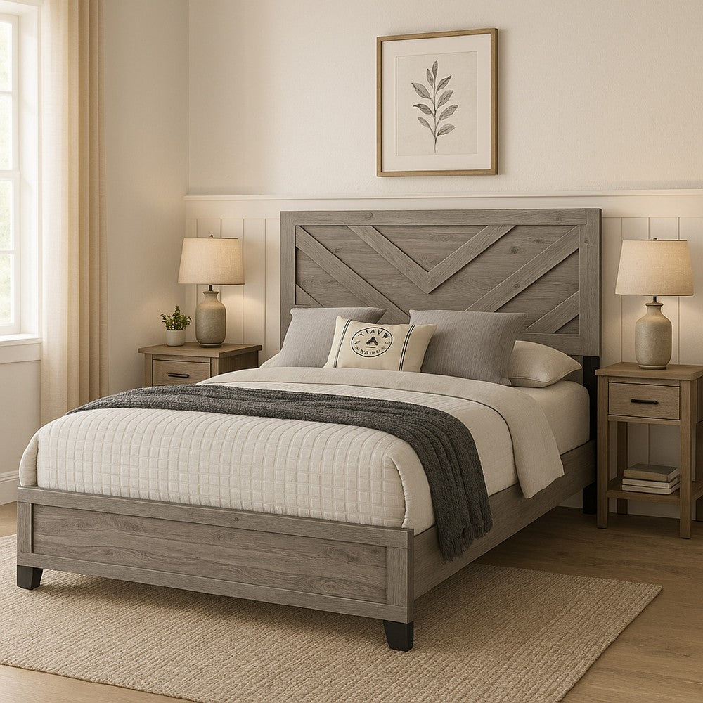 Rachy Queen Bed, Farmhouse Chevron Headboard, Light Gray Black Wood - BM334009