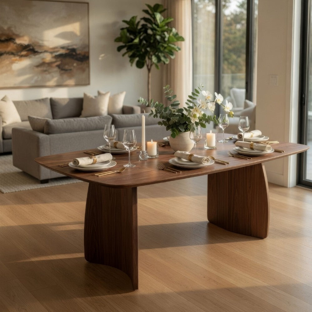 Hamza Rectangular Dining Table, Curved Wood Base, Walnut Brown 71 Inch - BM334010