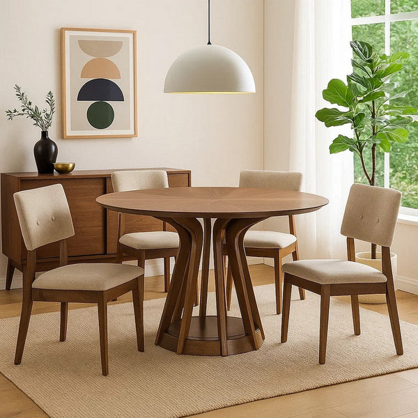 Koen Round Dining Table, Scandinavian Style, Walnut Brown Wood 47 Inch - BM334011