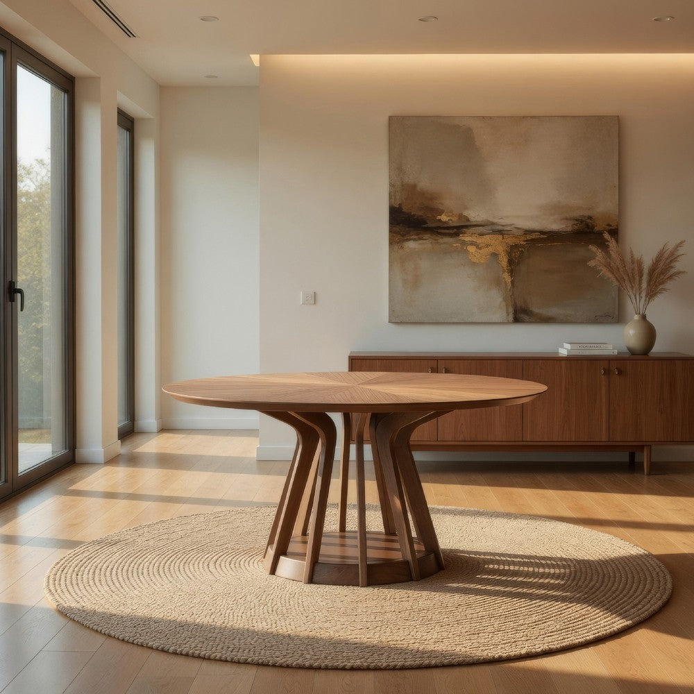 Koen Round Dining Table, Scandinavian Style, Walnut Brown Wood 47 Inch - BM334011