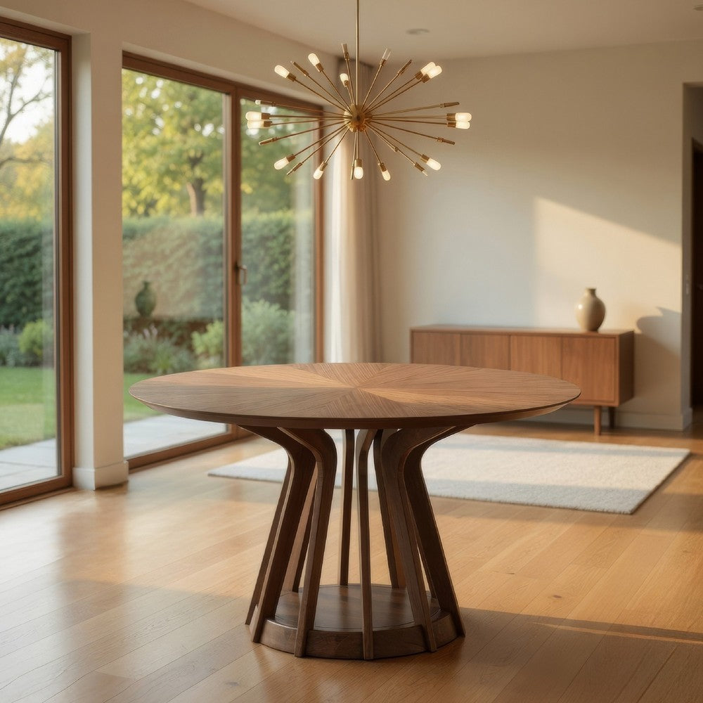 Koen Round Dining Table, Scandinavian Style, Walnut Brown Wood 47 Inch - BM334011