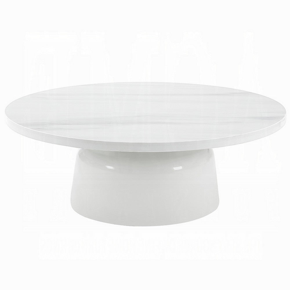Zayn Round Coffee Table, Pedestal Base, White Faux Marble, 40 Inch - BM334013