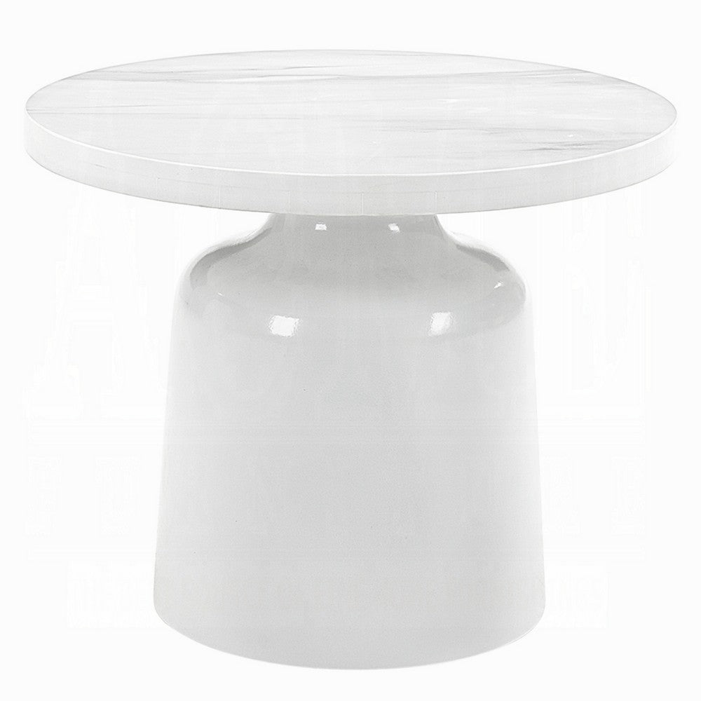 Zayn Round End Table with Pedestal Base, White Faux Marble, 22 Inch - BM334014