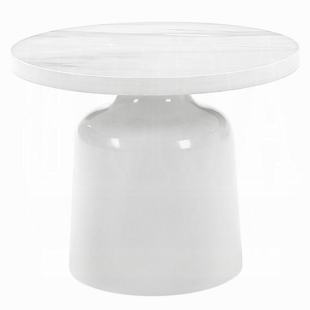 Zayn Round End Table with Pedestal Base, White Faux Marble, 22 Inch - BM334014