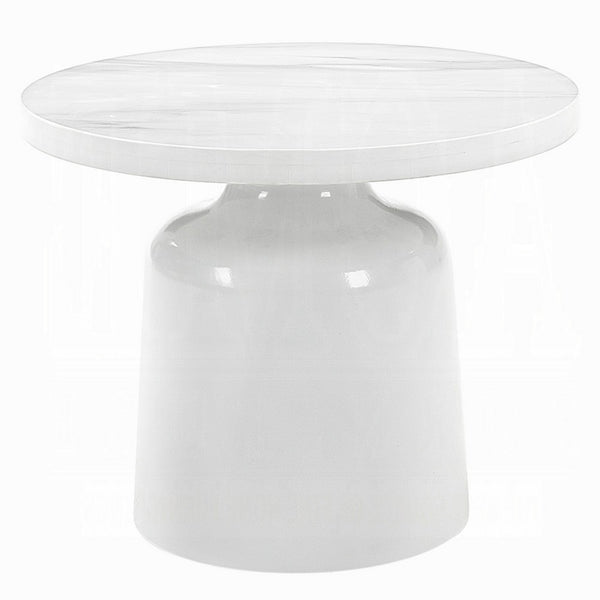 Zayn Round End Table with Pedestal Base, White Faux Marble, 22 Inch - BM334014