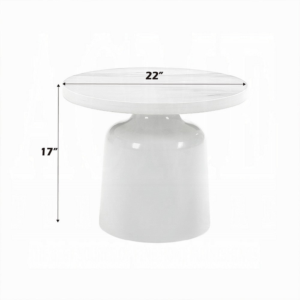 Zayn Round End Table with Pedestal Base, White Faux Marble, 22 Inch - BM334014