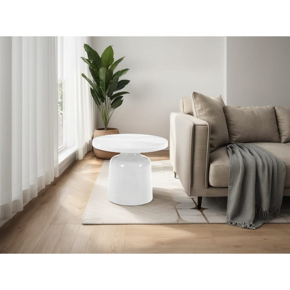 Zayn Round End Table with Pedestal Base, White Faux Marble, 22 Inch - BM334014