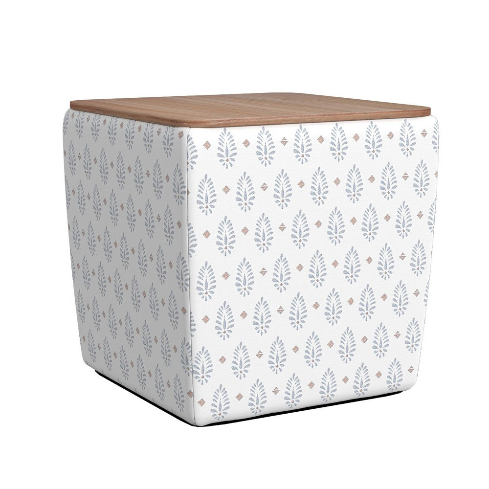 Mody Accent Ottoman, 19 Inch Brown Wood Lift Top, White Pattern Fabric -BM334034
