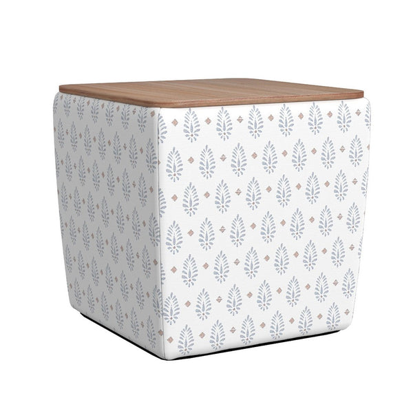 Mody Accent Ottoman, 19 Inch Brown Wood Lift Top, White Pattern Fabric -BM334034