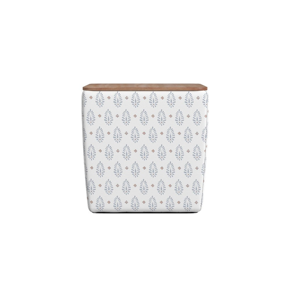 Mody Accent Ottoman, 19 Inch Brown Wood Lift Top, White Pattern Fabric -BM334034