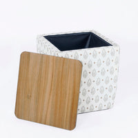 Mody Accent Ottoman, 19 Inch Brown Wood Lift Top, White Pattern Fabric -BM334034