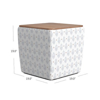 Mody Accent Ottoman, 19 Inch Brown Wood Lift Top, White Pattern Fabric -BM334034