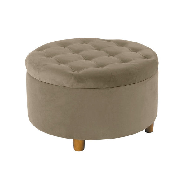 Jo Storage Ottoman, 28 Inch Round Tufted Lift Top, Fawn Brown Velvet -BM334037