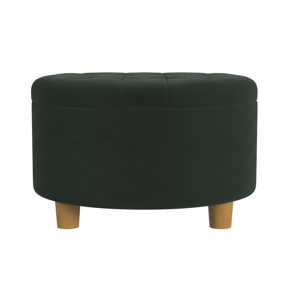 Jo Storage Ottoman, 28 Inch Round Tufted Lift Top, Olive Green Velvet -BM334038