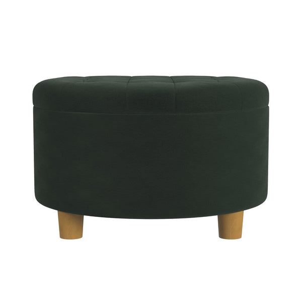 Jo Storage Ottoman, 28 Inch Round Tufted Lift Top, Olive Green Velvet -BM334038