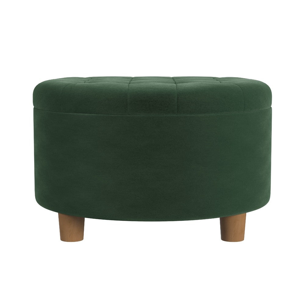 Jo Storage Ottoman, 28 Inch Round Tufted Lift Top, Olive Green Velvet -BM334038