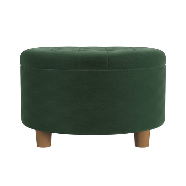 Jo Storage Ottoman, 28 Inch Round Tufted Lift Top, Olive Green Velvet -BM334038