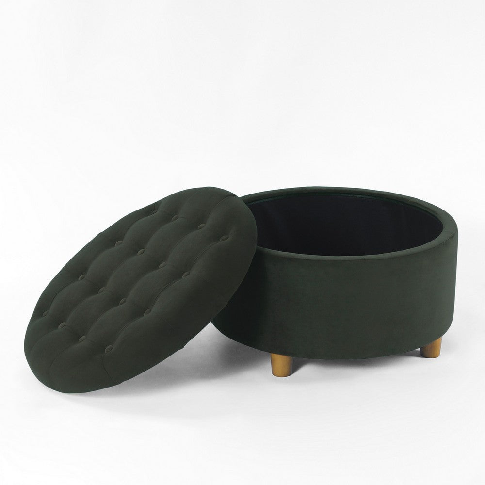 Jo Storage Ottoman, 28 Inch Round Tufted Lift Top, Olive Green Velvet -BM334038