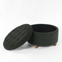 Jo Storage Ottoman, 28 Inch Round Tufted Lift Top, Olive Green Velvet -BM334038