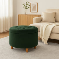 Jo Storage Ottoman, 28 Inch Round Tufted Lift Top, Olive Green Velvet -BM334038