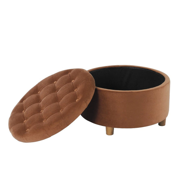Jo Storage Ottoman, 28 Inch Round Tufted Lift Top, Spice Brown Velvet -BM334039