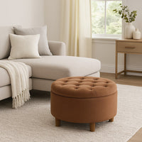 Jo Storage Ottoman, 28 Inch Round Tufted Lift Top, Spice Brown Velvet -BM334039