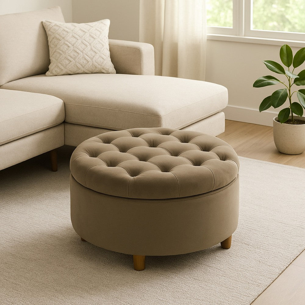 Jo Storage Ottoman, 28 Inch Round Tufted Lift Top, Sage Green Velvet -BM334040