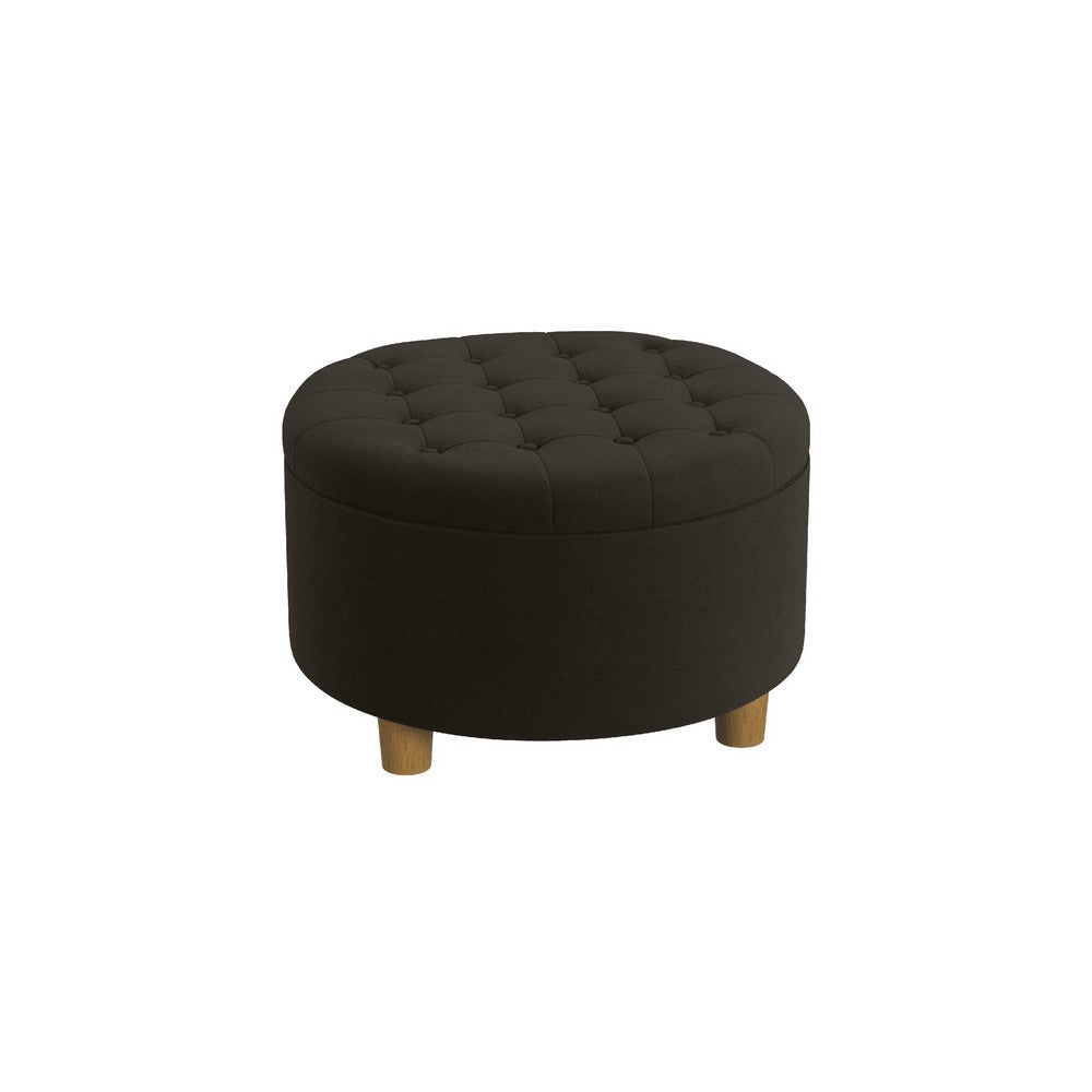 Jo Storage Ottoman, 28 Inch Round Tufted Lift Top, Chocolate Brown -BM334041